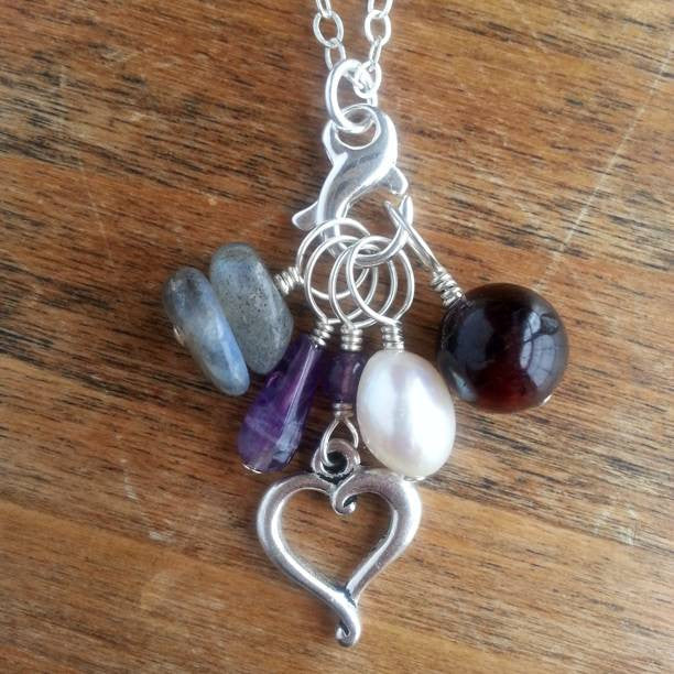 Adenium Gemtsone Stitch Marker Necklace - Labradorite, Amethyst, Garnet, & Pearl