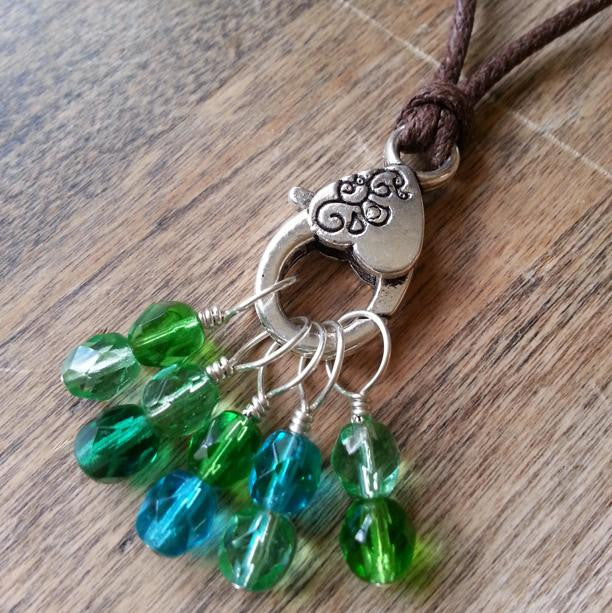 Green Stitch Marker Necklace, Pewter Clasp and Czech Crystal on 30" Adjustable Cotton Cord