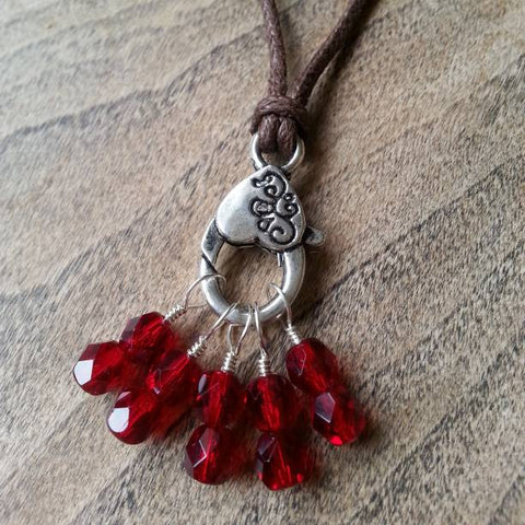 Garnet Stitch Marker Necklace, Pewter Clasp and Czech Crystal on 30" Adjustable Cotton Cord