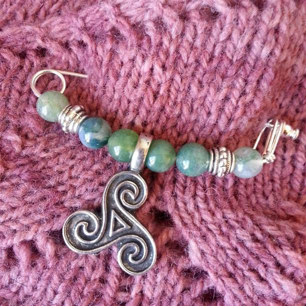 Moss Agate & Pewter Triple Spiral Shawl Pin